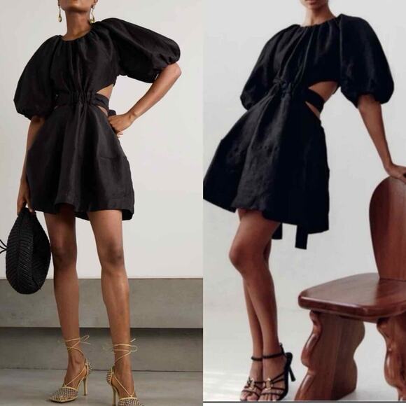 AJE Black Onyx Mimosa Cutout Mini Linen Blend Dress Size AU 6  US 2 XS - Picture 8 of 14